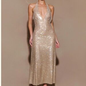 Meshki Shimmering Gold Halter Midi Dress